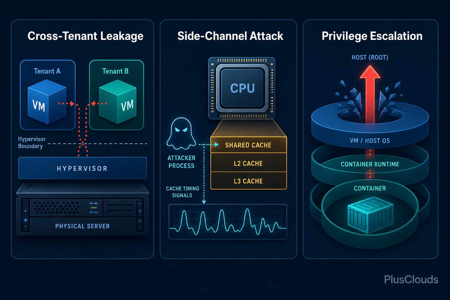 Diagram illustrating three shared-infrastructure attack vectors: cross-tenant leakage, side-channel attacks, and privilege escalation.