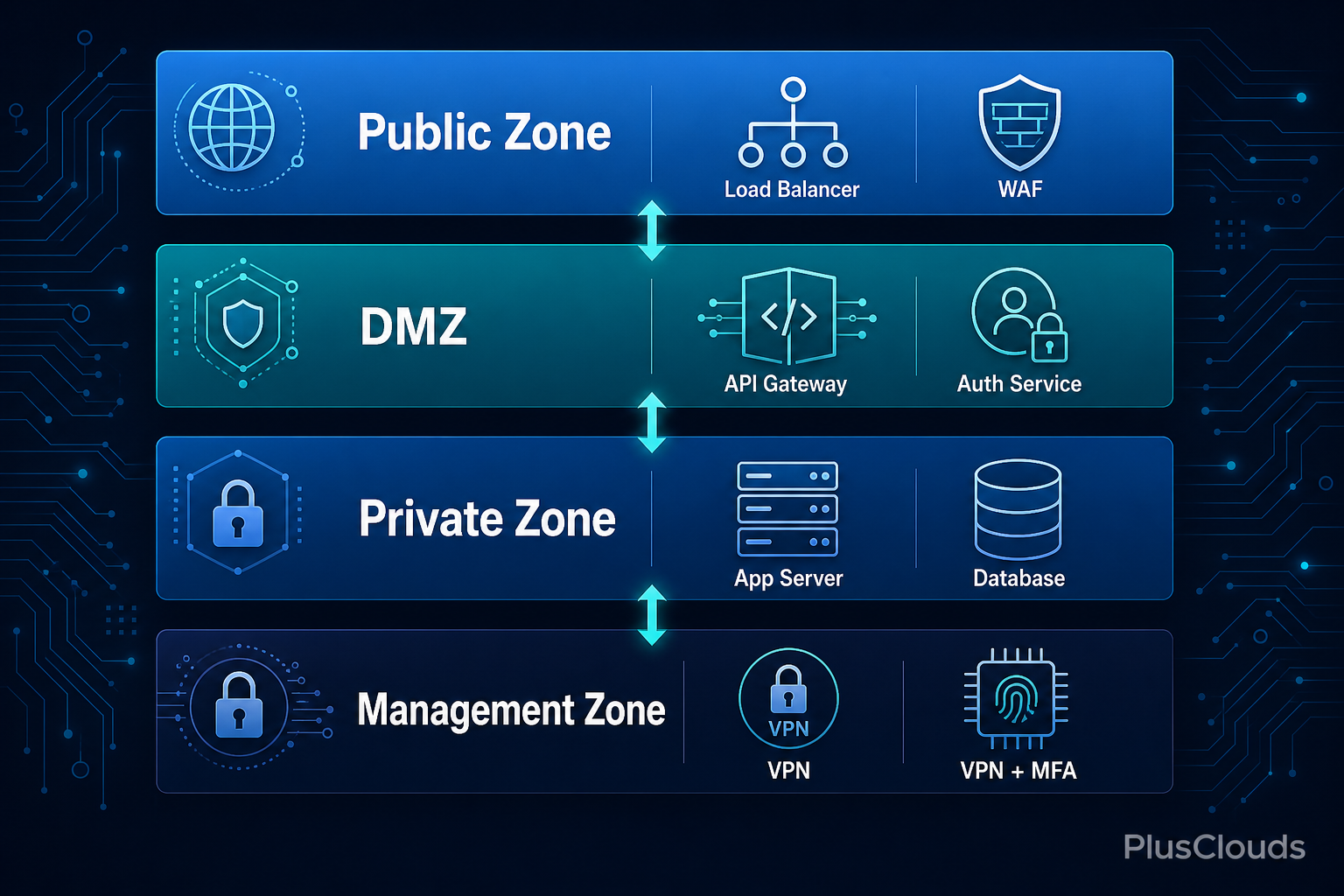 Layered network segmentation diagram showing Public, DMZ, Private, and Management zones with controlled traffic flows for cloud compliance.