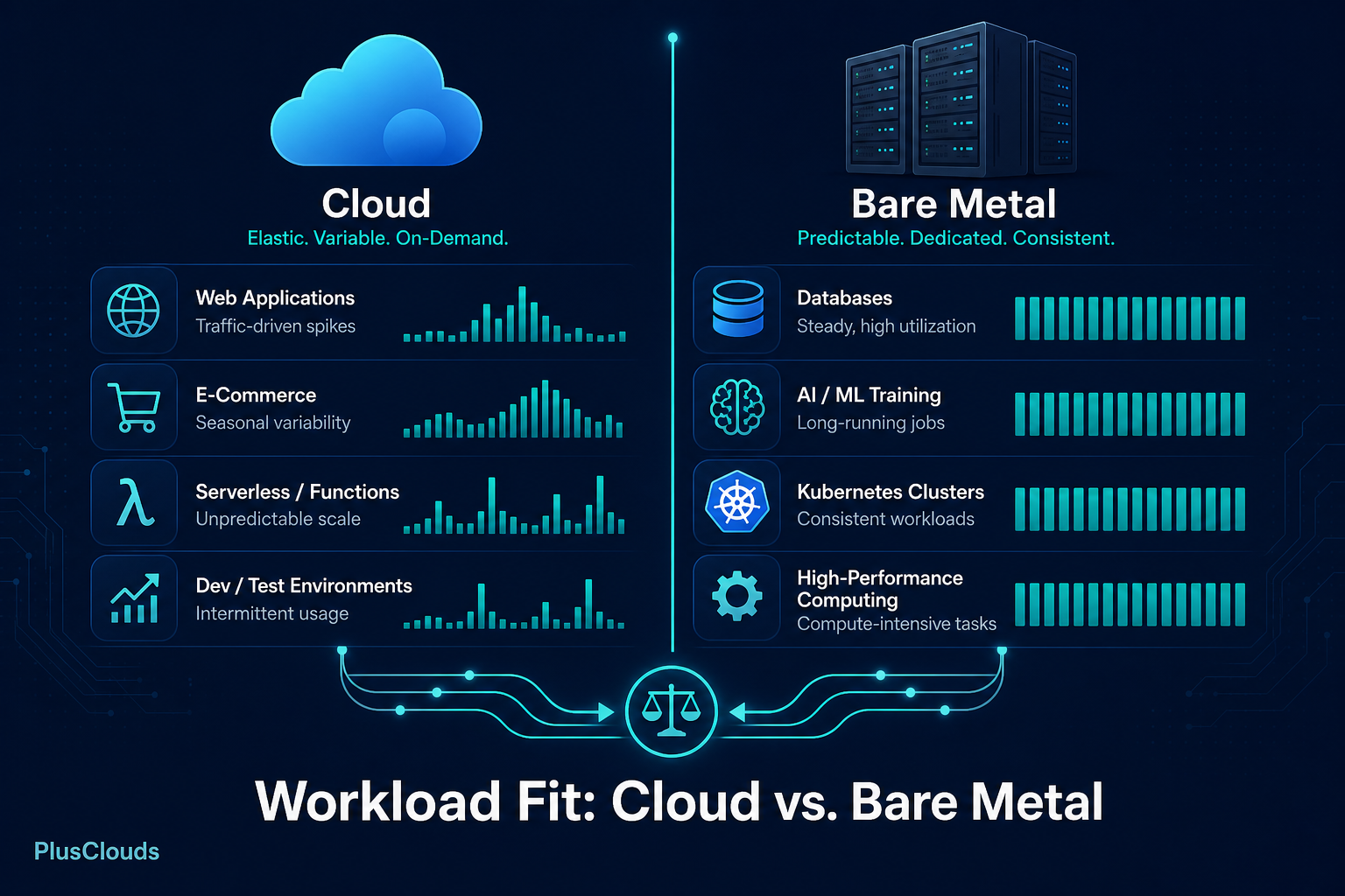 Flat-design comparison chart showing which workloads suit bare metal vs. public cloud, PlusClouds illustration