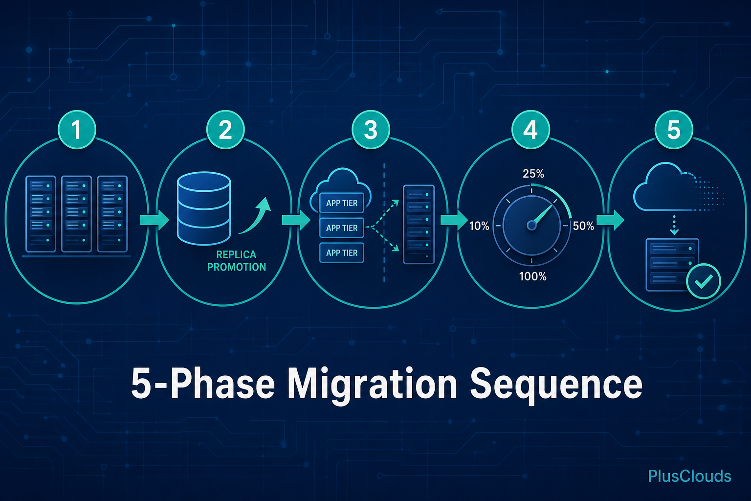 Five-phase bare-metal migration pipeline diagram: provision, DB migrate, app deploy, traffic shift, cloud decommission, PlusClouds