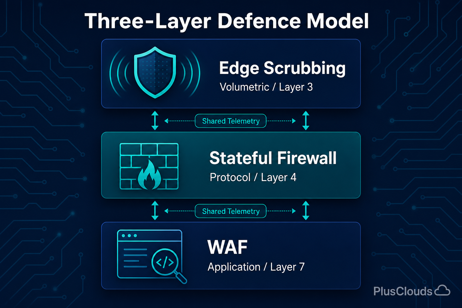 Architecture diagram labelled 'Three-Layer Defence Model' showing Edge Scrubbing, Stateful Firewall, and WAF tiers connected by shared telemetry arrows.