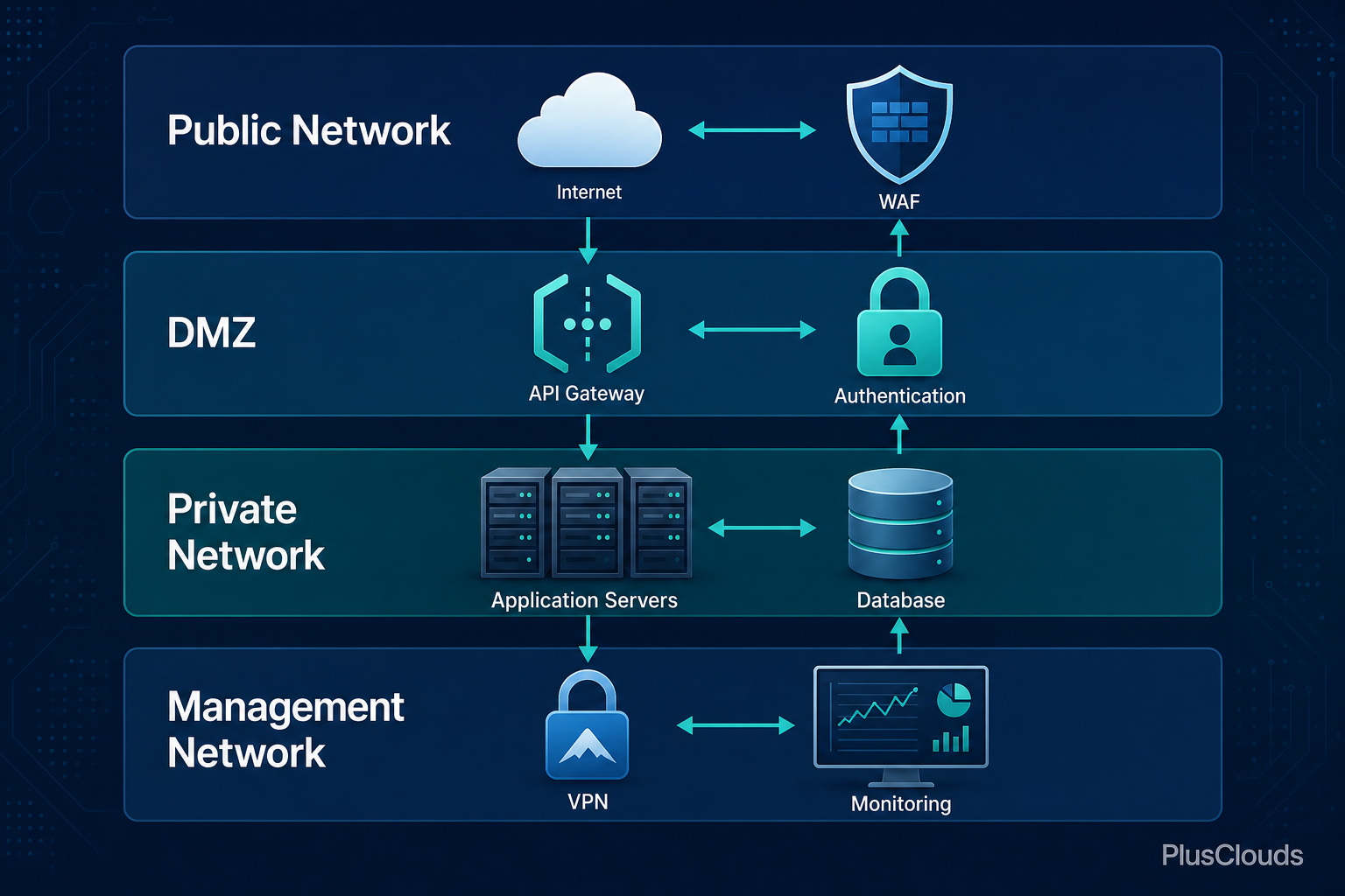 Layered cloud network segmentation diagram showing Public, DMZ, Private, and Management network zones with traffic flow arrows, PlusClouds
