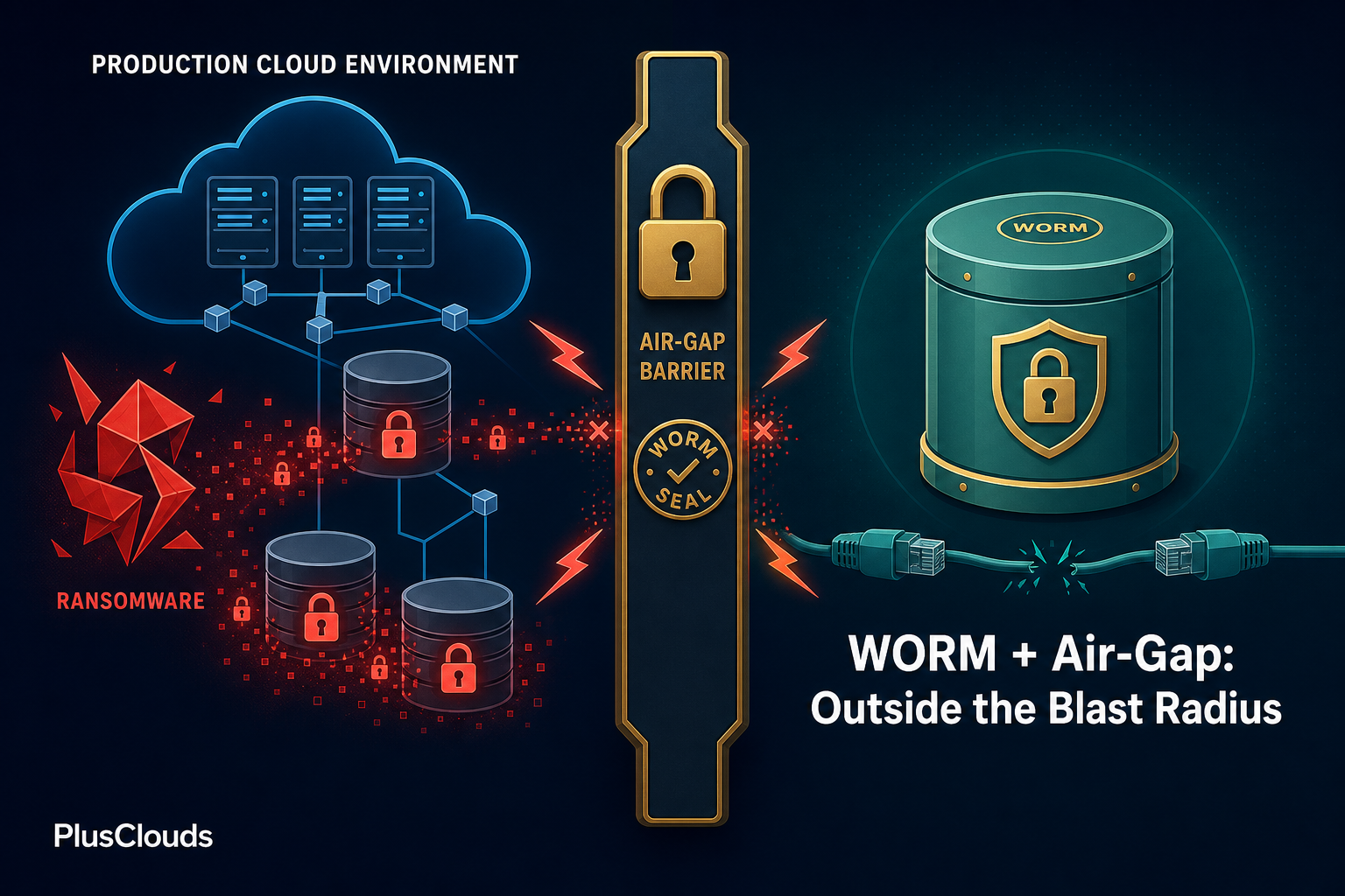 Architecture diagram showing a WORM air-gapped backup vault isolated from a ransomware-encrypted production cloud environment by a security barrier.
