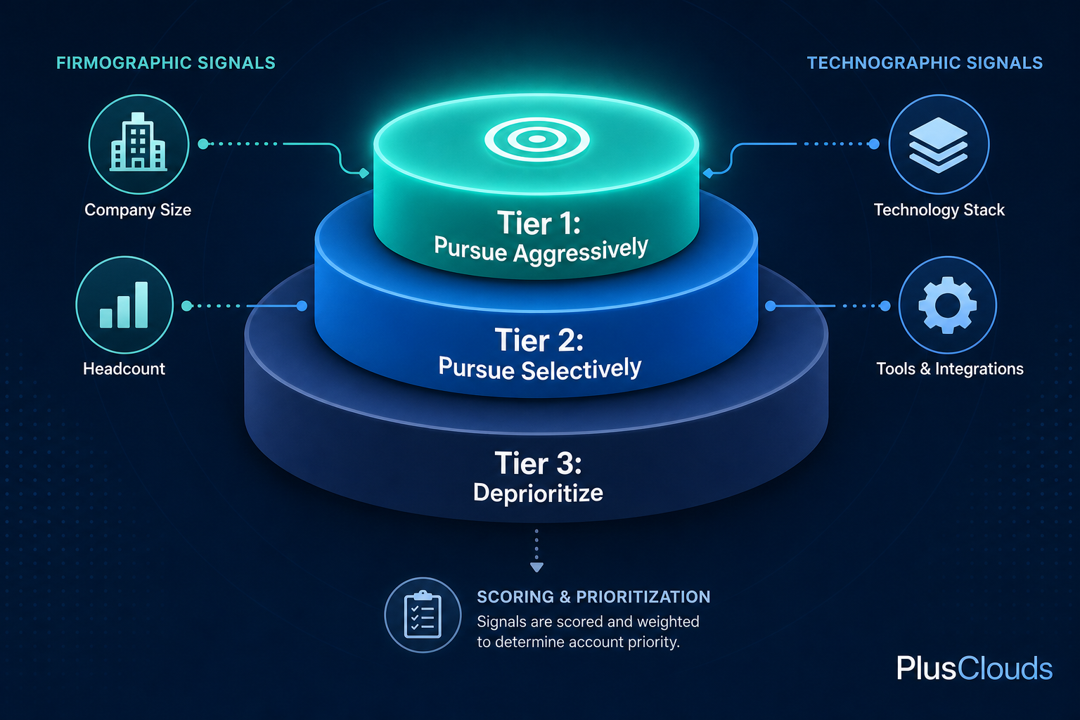 Flat-design diagram of a three-tier ICP scoring model with firmographic and technographic signal icons on a blue-teal background.