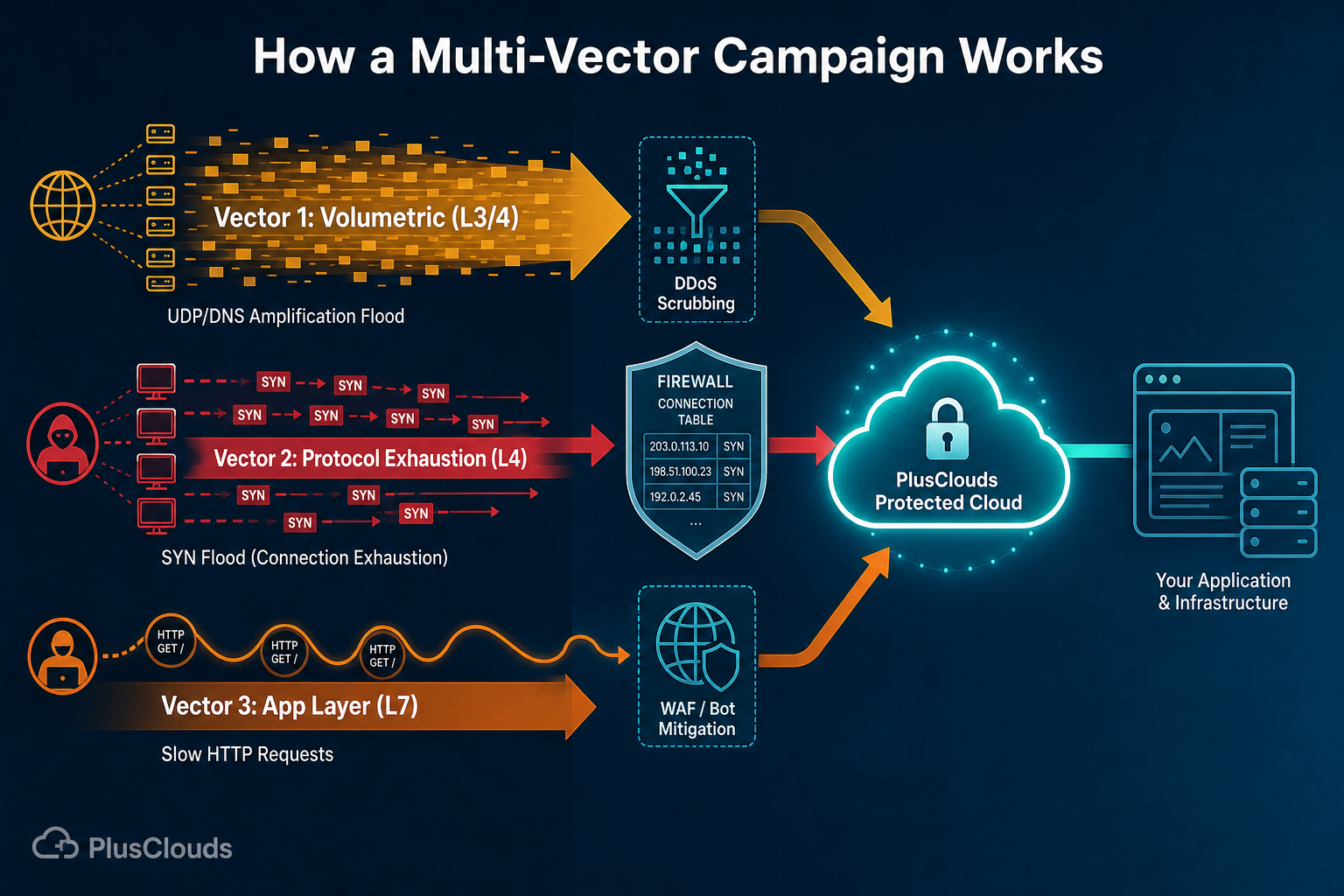 Diagram showing three simultaneous DDoS attack vectors, volumetric L3/4, protocol exhaustion L4, and application layer L7, converging on a cloud node.
