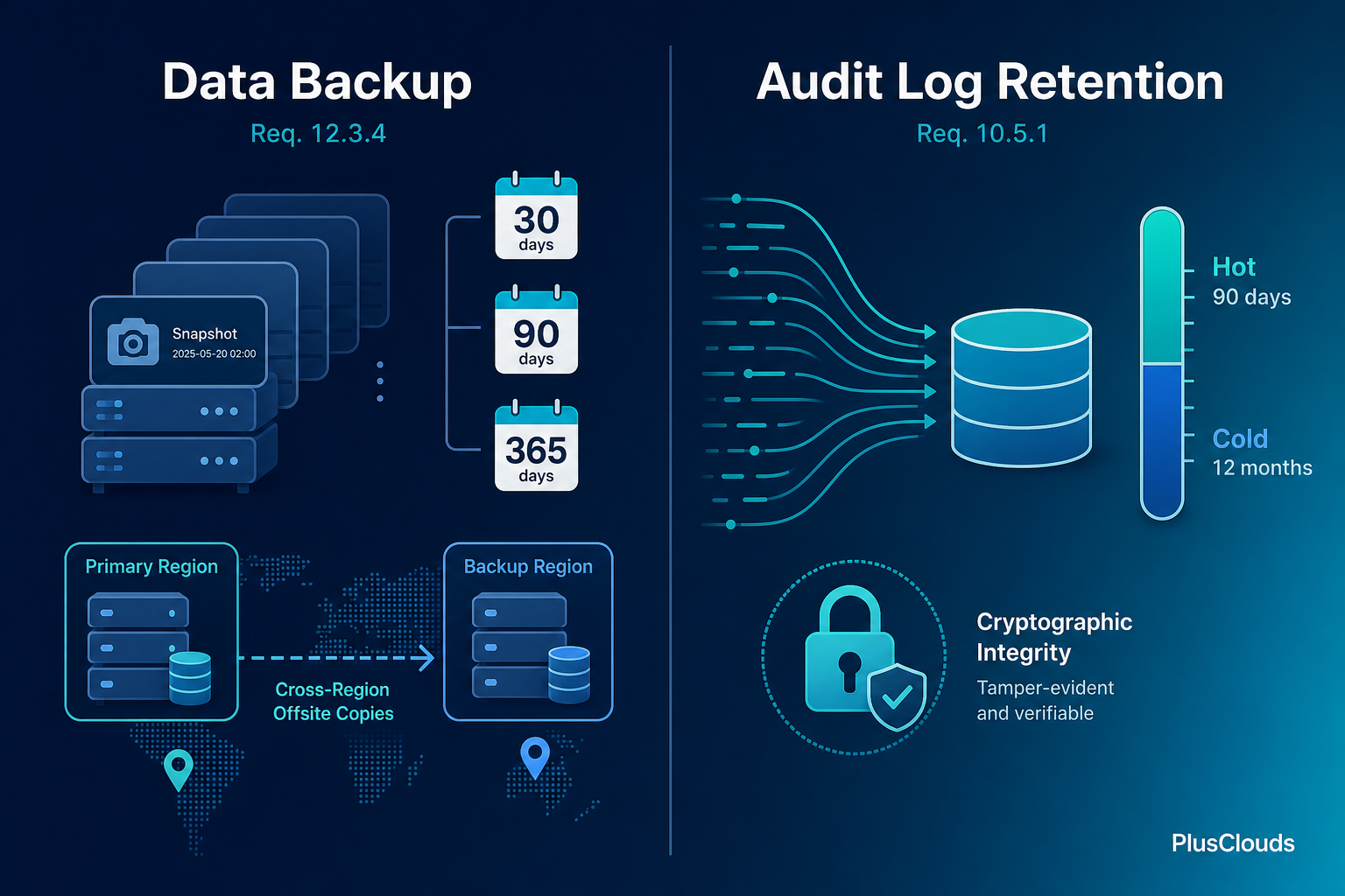 Split diagram comparing PCI DSS data backup (Req. 12.3.4) and audit log retention (Req. 10.5.1) obligations, showing hot and cold storage tiers.