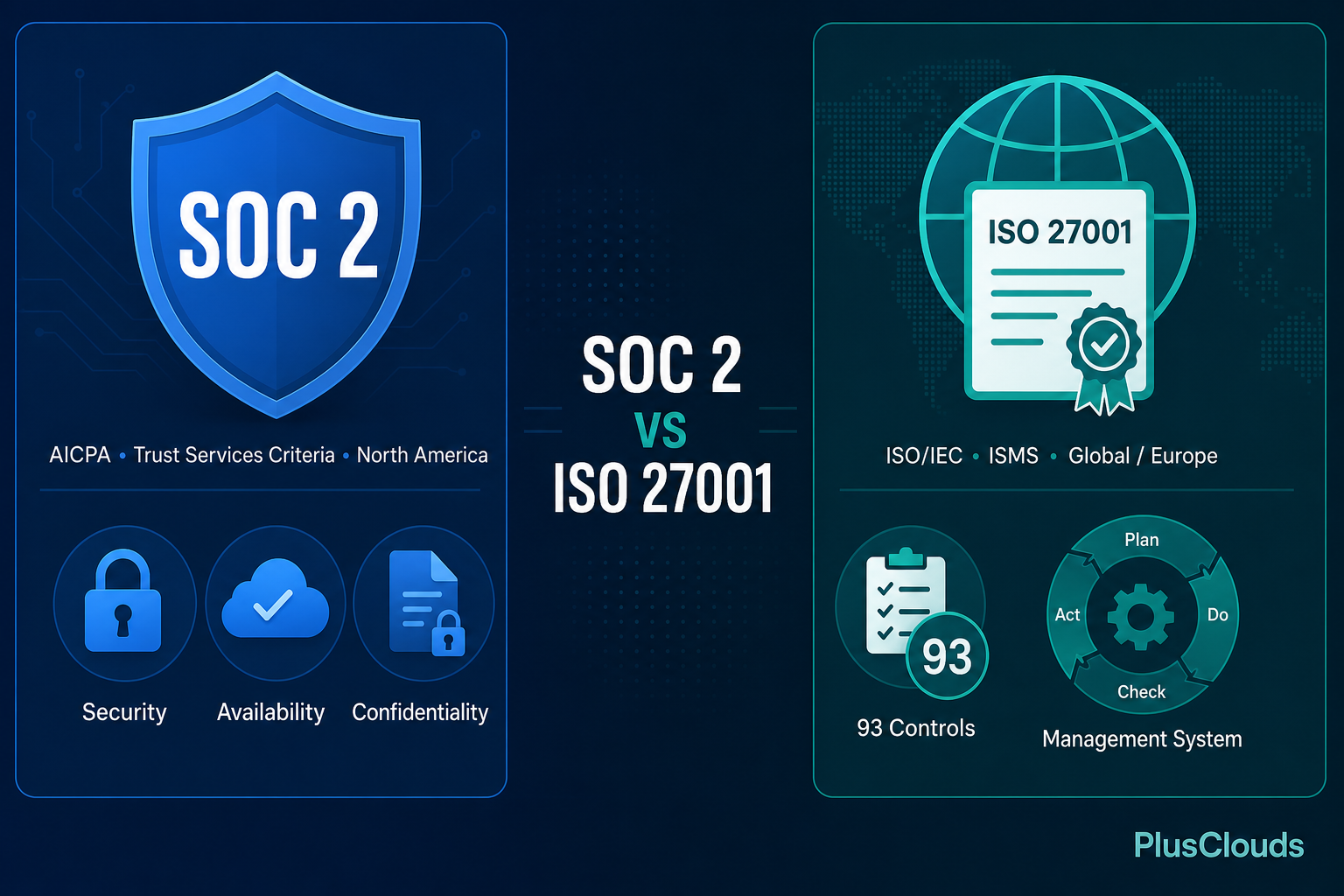 Side-by-side flat design comparison of SOC 2 Trust Services Criteria and ISO 27001 ISMS frameworks for cloud businesses.