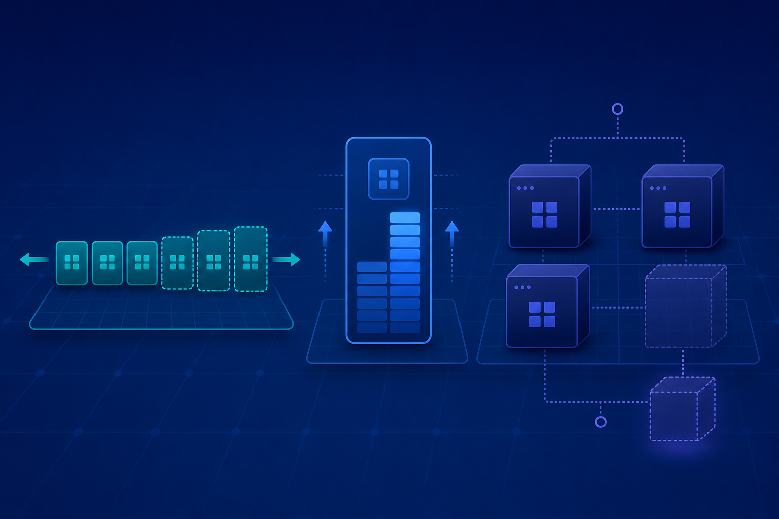 Side-by-side abstract comparison of Kubernetes HPA horizontal pod scaling, VPA vertical resource adjustment, and Cluster Autoscaler node provisioning.