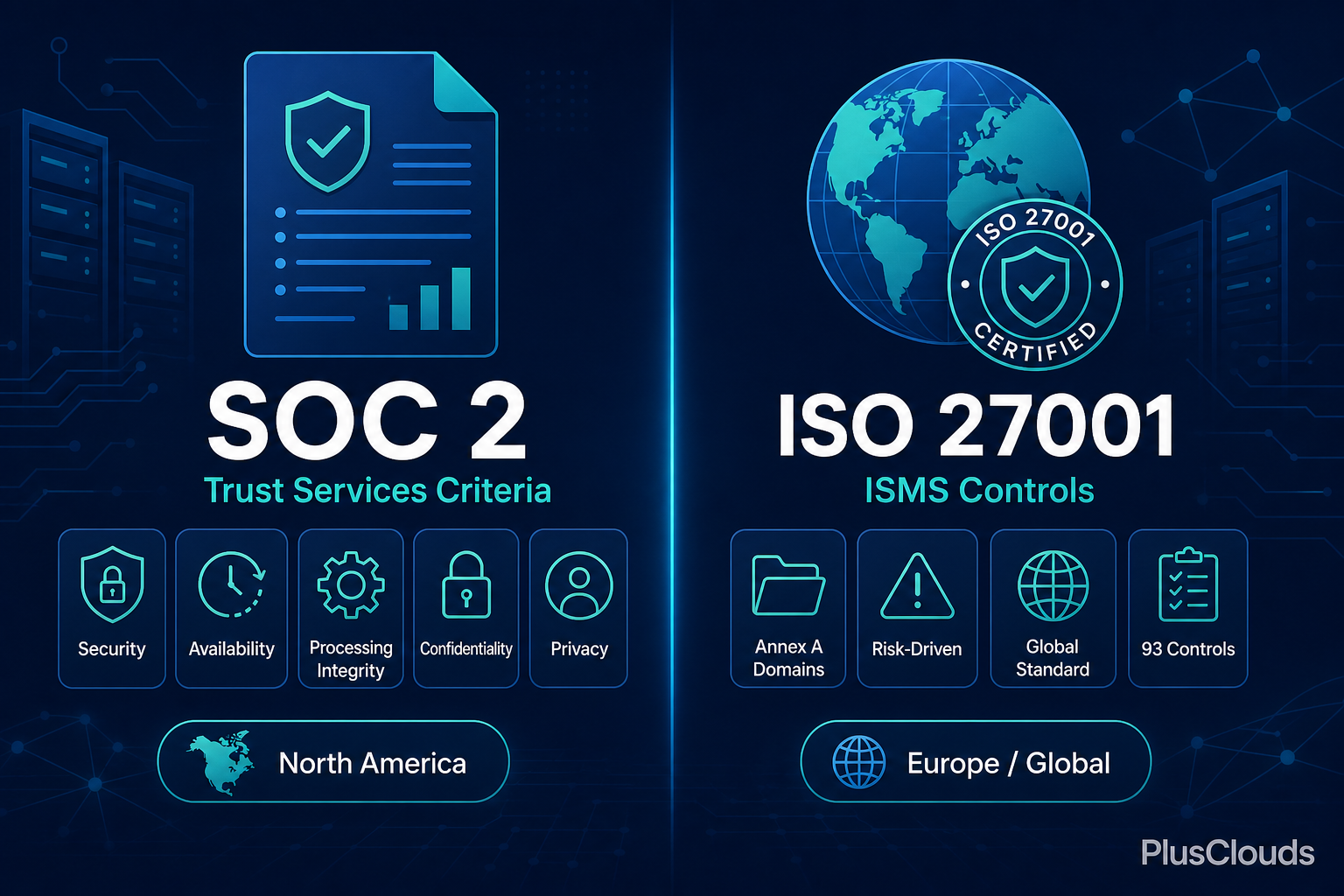 Side-by-side comparison of SOC 2 Trust Services Criteria vs ISO 27001 ISMS controls, showing key differences and geographic use cases.