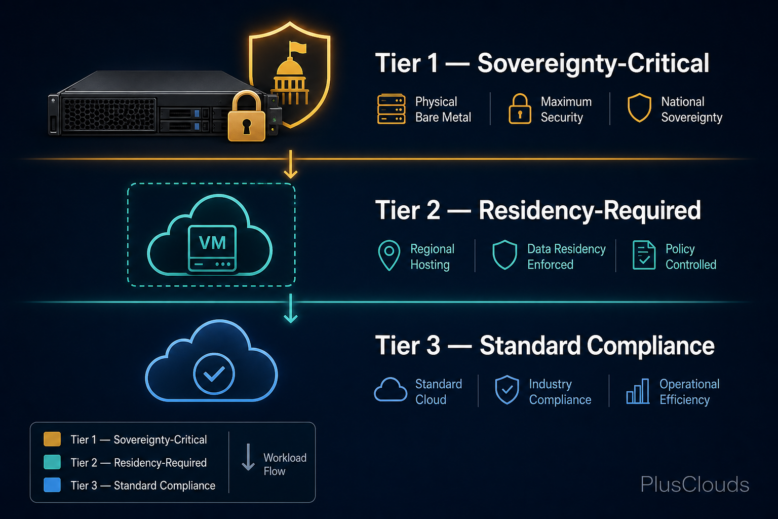 Three-tier workload classification diagram: Tier 1 Sovereignty-Critical, Tier 2 Residency-Required, Tier 3 Standard Compliance, with icons and color coding.