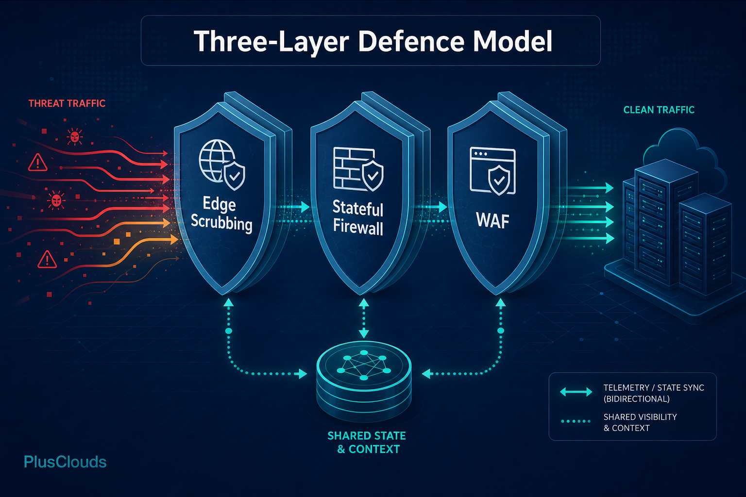 Architecture diagram of three-layer DDoS defence: edge scrubbing, stateful firewall, and WAF sharing telemetry.