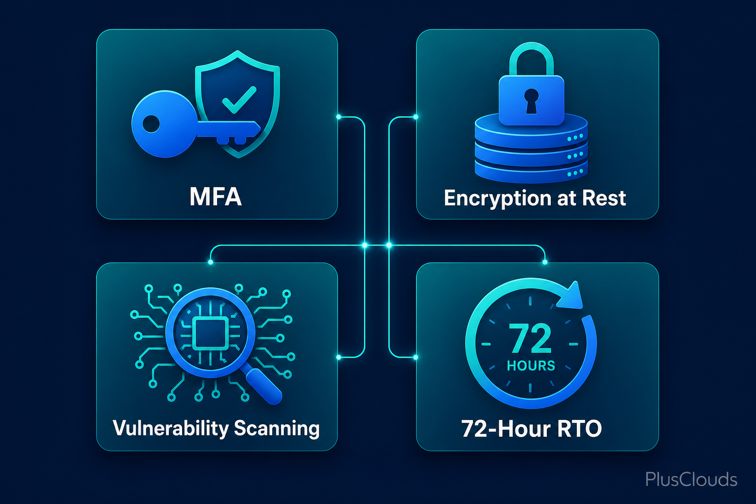 Four-panel flat illustration of the 2026 HIPAA mandatory controls: MFA, Encryption at Rest, Vulnerability Scanning, and 72-Hour RTO.