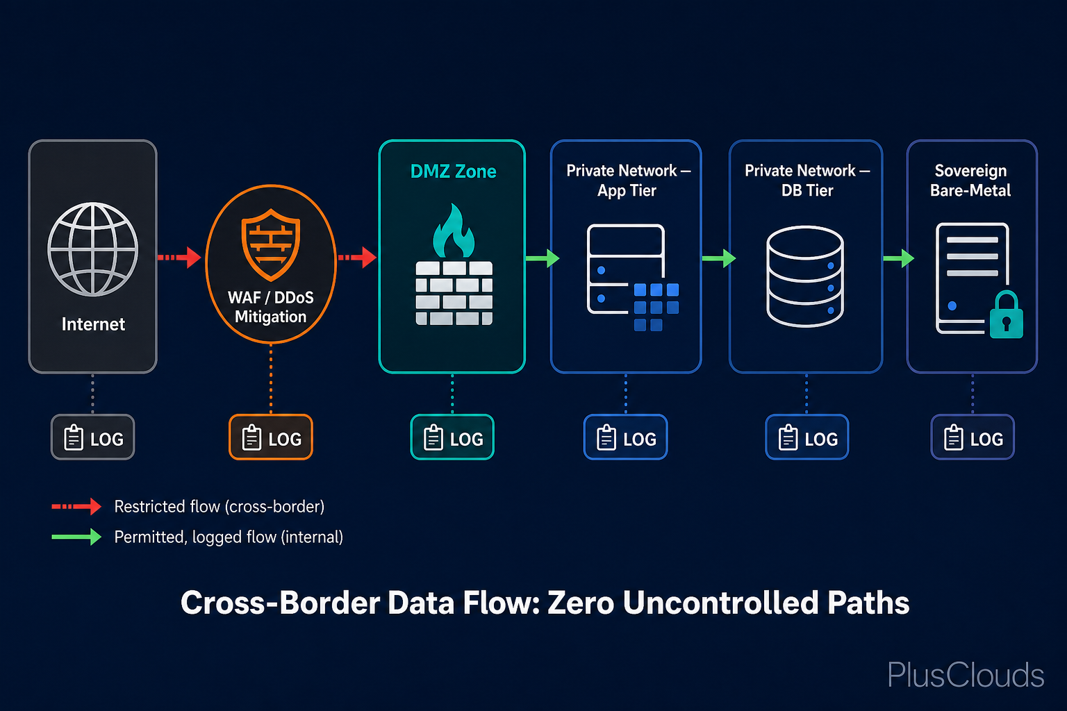 DMZ network architecture diagram showing sovereign workload zones: Internet, WAF, DMZ, Private App Tier, Private DB Tier, and Sovereign Bare-Metal with audit log badges.