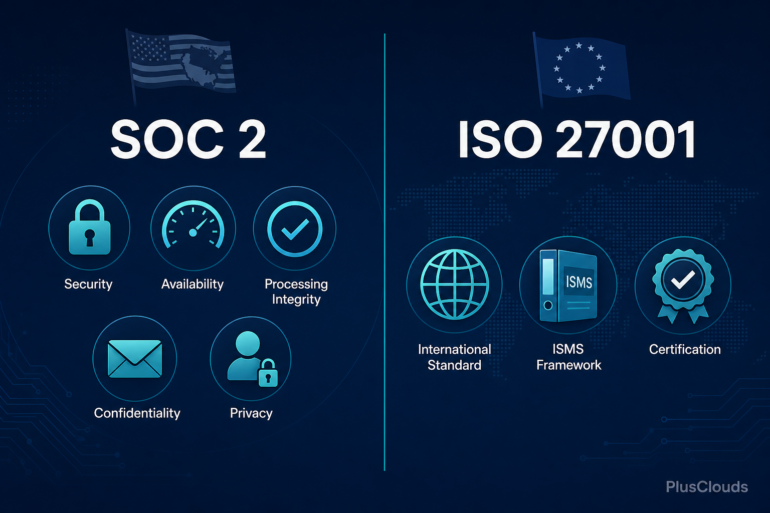 Side-by-side framework comparison diagram: SOC 2 Trust Services Criteria vs ISO 27001 ISMS controls for cloud businesses, PlusClouds